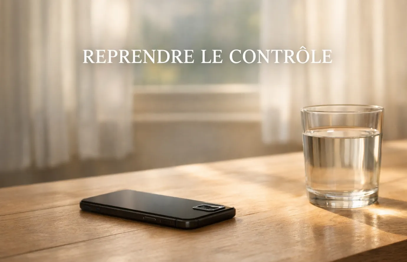 Main tendant un téléphone éteint sur une table, pièce calme avec lumière douce du matin par la fenêtre