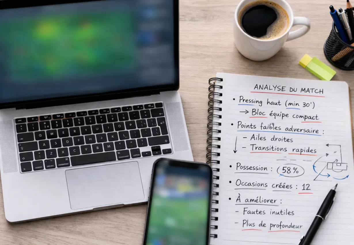 Vue en plongée d'un bureau avec un ordinateur portable ouvert sur des statistiques de football et un bloc-notes
