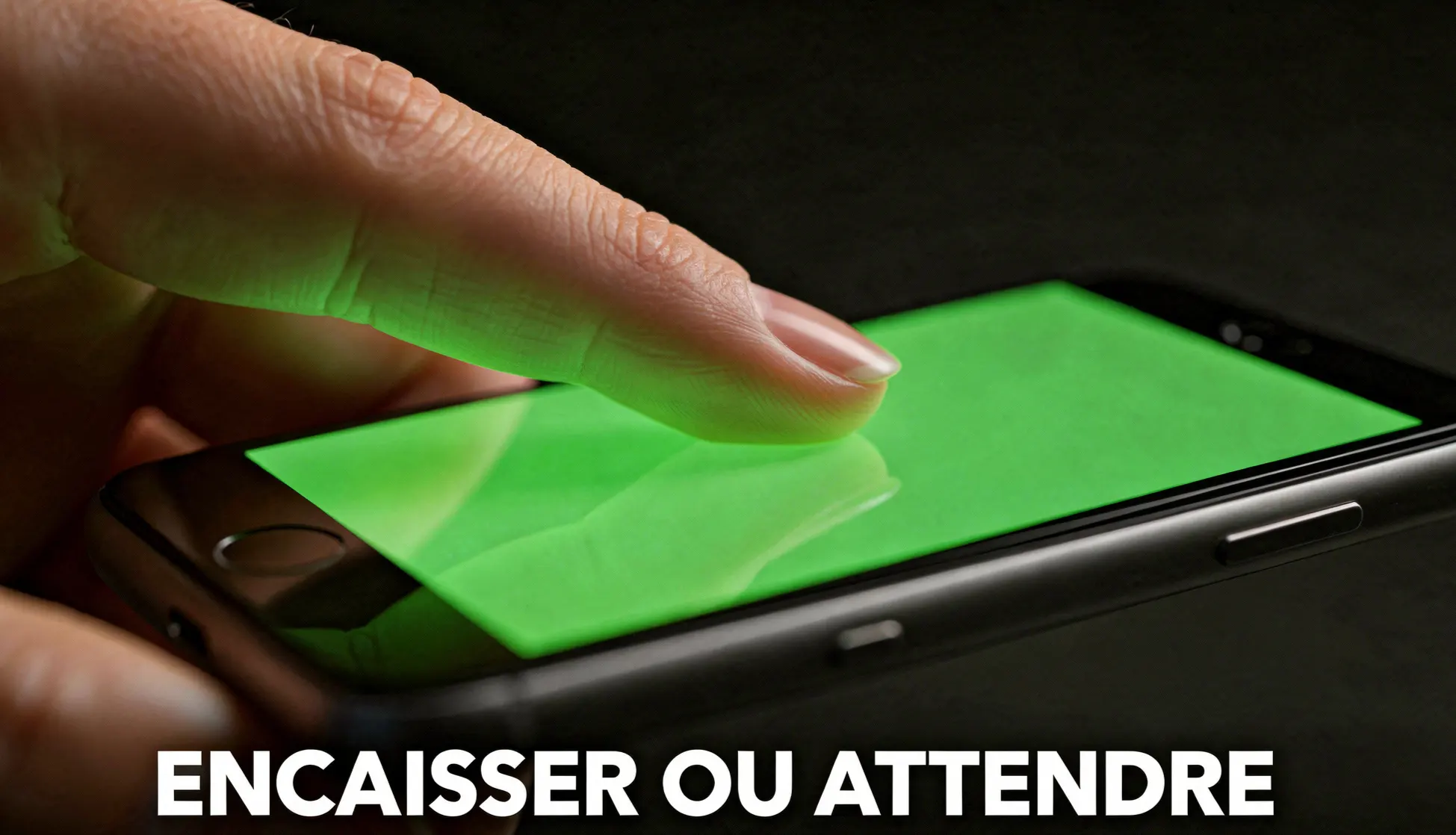 Doigt hésitant au-dessus d'un bouton vert sur un écran de smartphone, interface de pari sportif visible