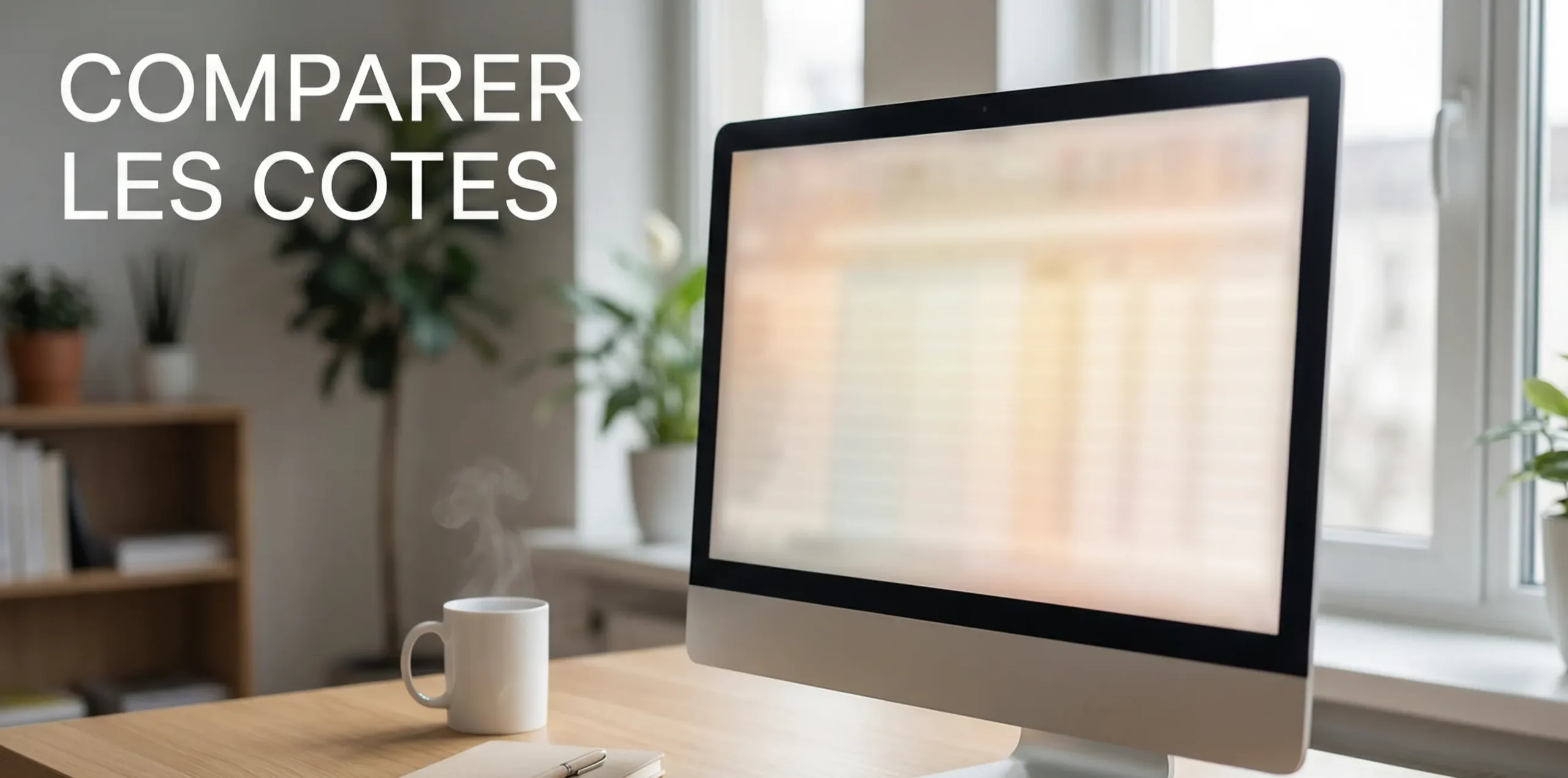 Écran d'ordinateur affichant un tableau comparatif avec colonnes de chiffres, bureau organisé avec café