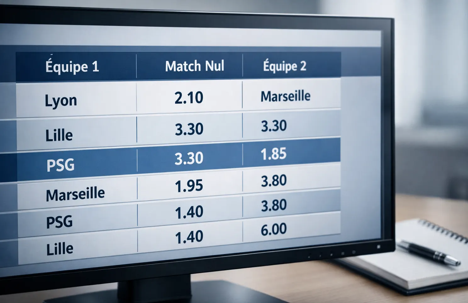 Écran d'ordinateur affichant des cotes décimales et des statistiques de match de football