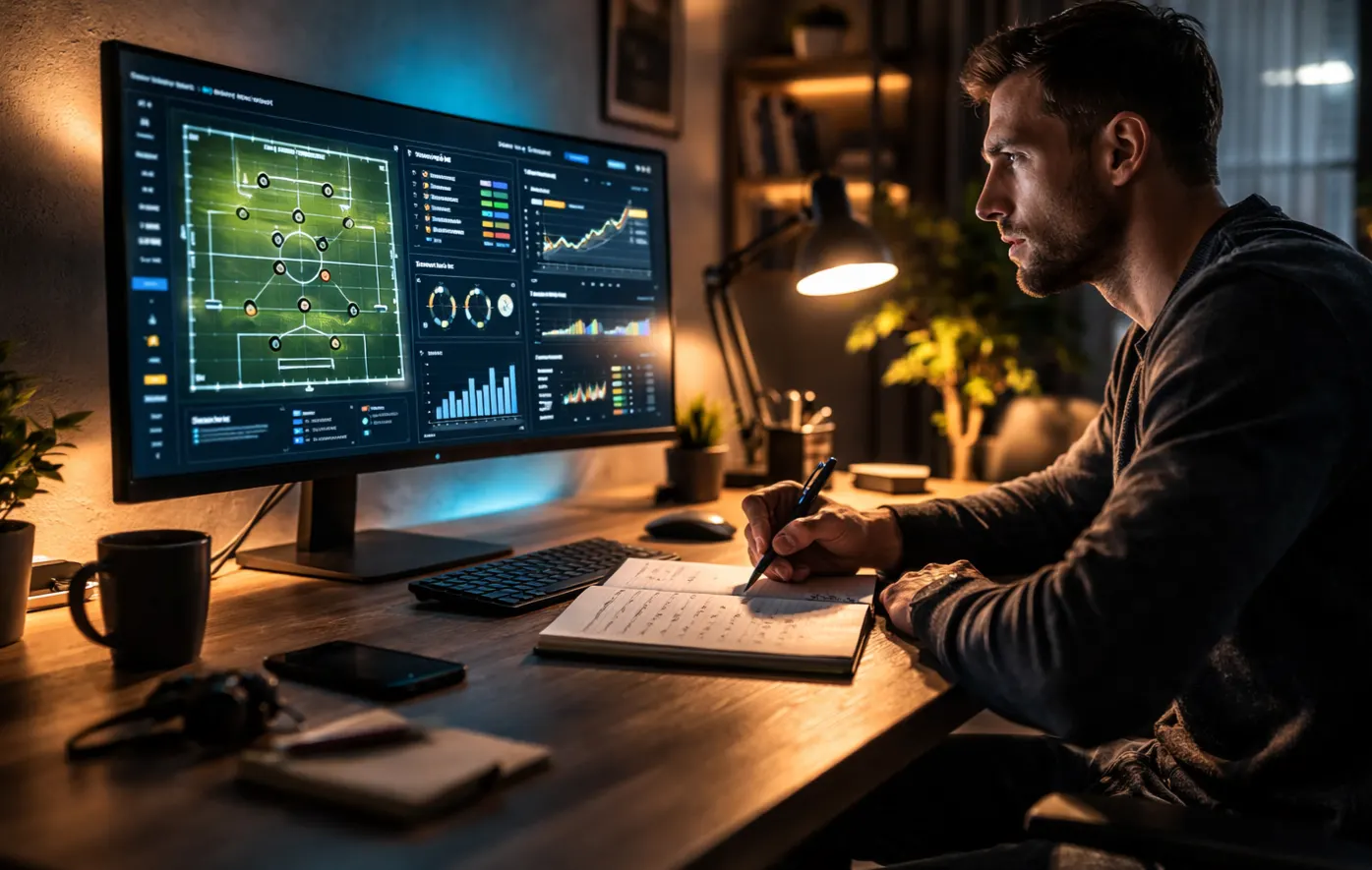 Guide expert des conseils en paris sportifs : un homme analyse des statistiques de football sur un bureau moderne