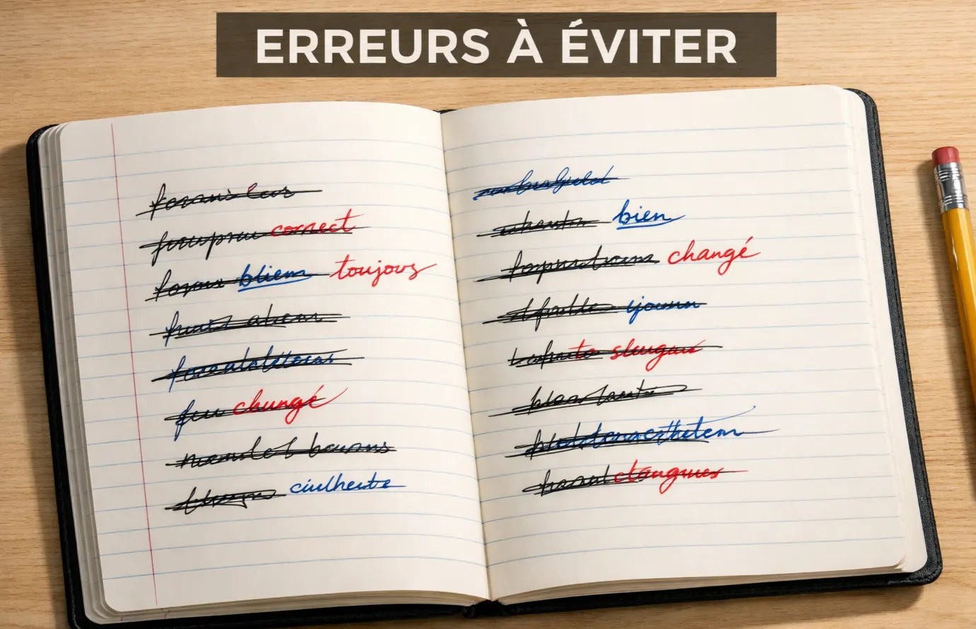 Carnet de notes ouvert avec des annotations barrées et corrigées, crayon posé à côté, vue de dessus
