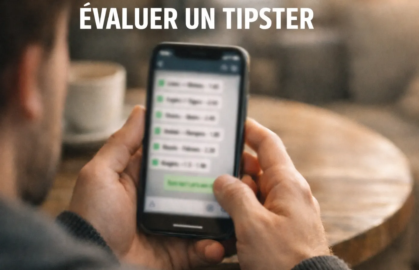 Personne consultant un écran de téléphone montrant un fil de messages avec des pronostics sportifs