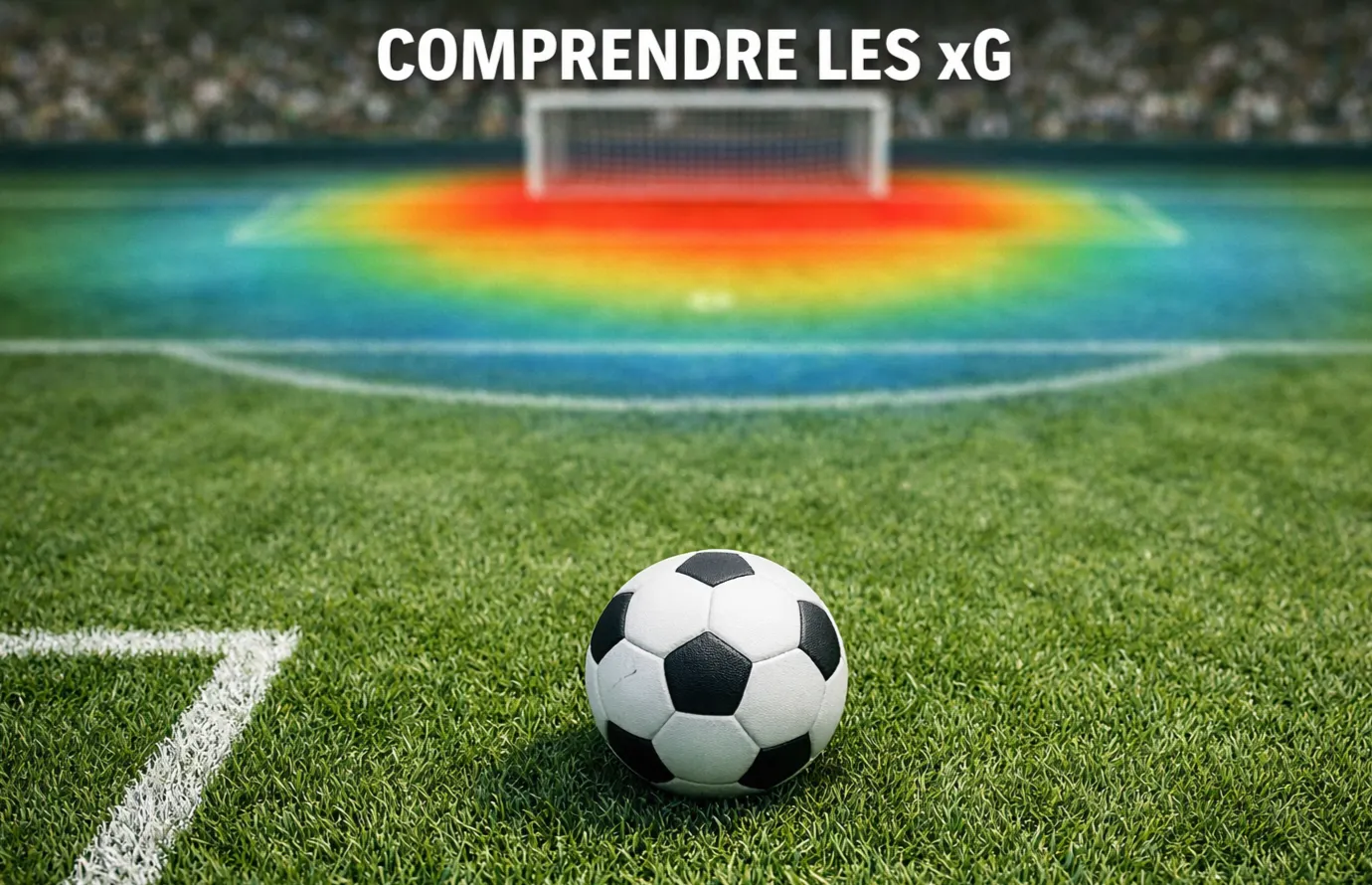 Terrain de football vu du dessus avec des zones colorées devant les buts, schéma tactique sur gazon vert