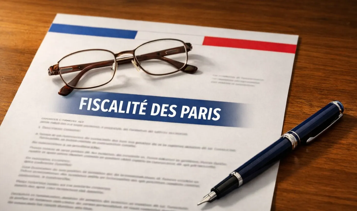 Document officiel français avec en-tête tricolore posé sur un bureau, stylo et lunettes à côté