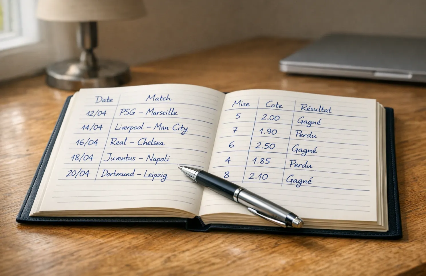 Carnet de notes ouvert avec un stylo montrant un suivi de bankroll manuscrit sur une table en bois