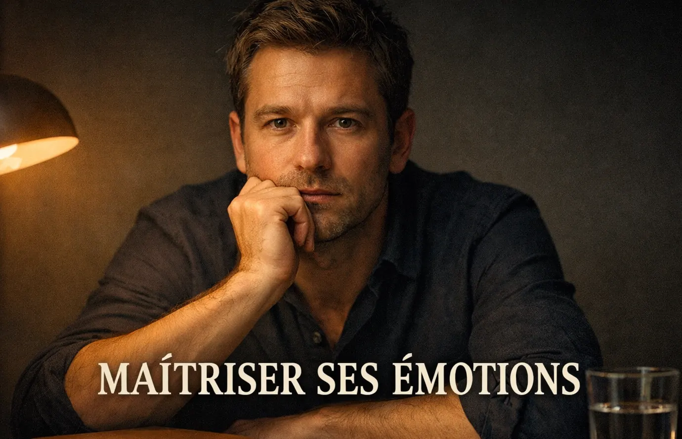 Homme pensif assis à un bureau, menton posé sur la main, regard concentré, lumière tamisée de lampe