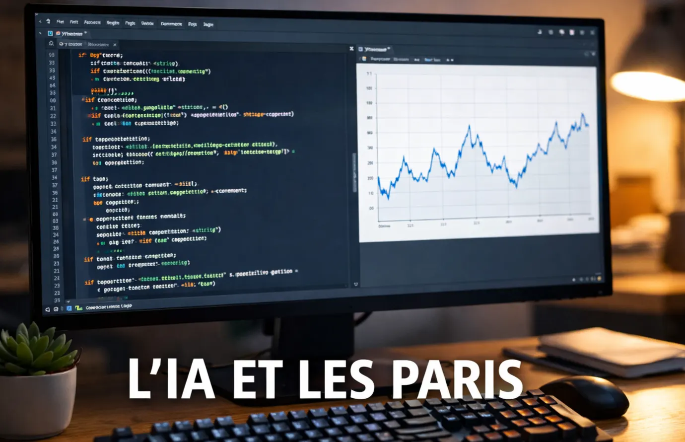Écran d'ordinateur montrant des lignes de code et un graphique de données, bureau de développeur épuré
