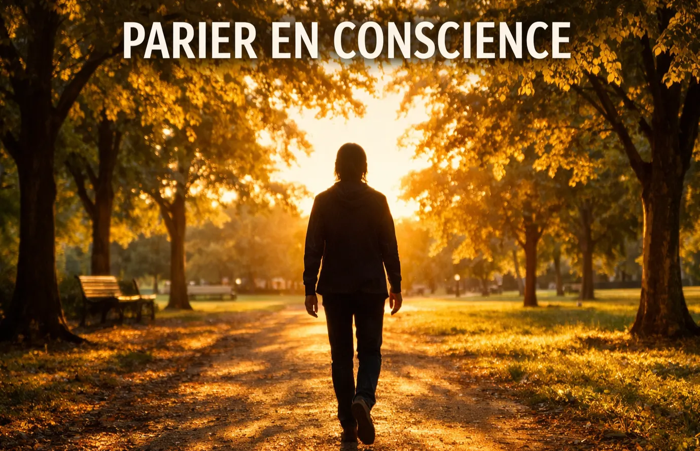 Personne marchant dans un parc au coucher du soleil, ambiance sereine et lumière dorée