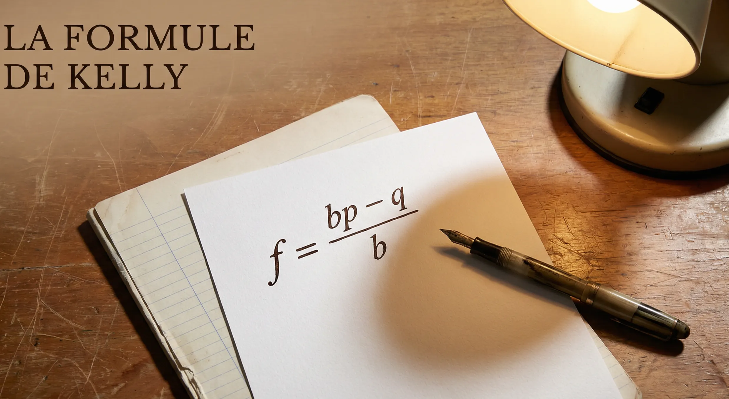 Feuille de papier avec une formule mathématique écrite à la main, stylo et cahier de notes sur un bureau en bois