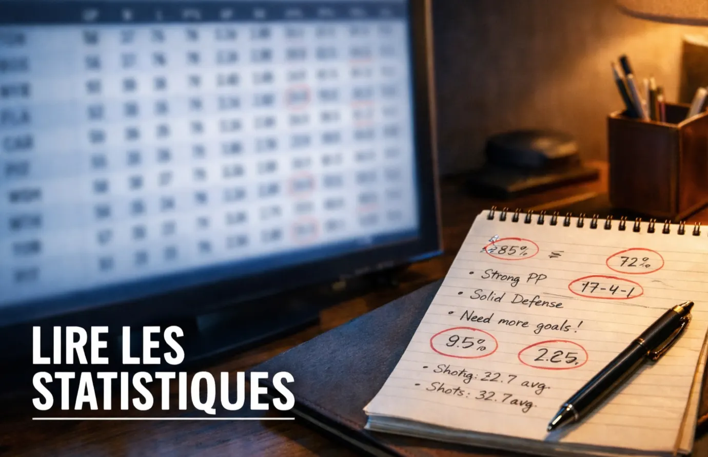Écran d'ordinateur affichant des tableaux de statistiques sportives, bloc-notes avec annotations manuscrites à côté