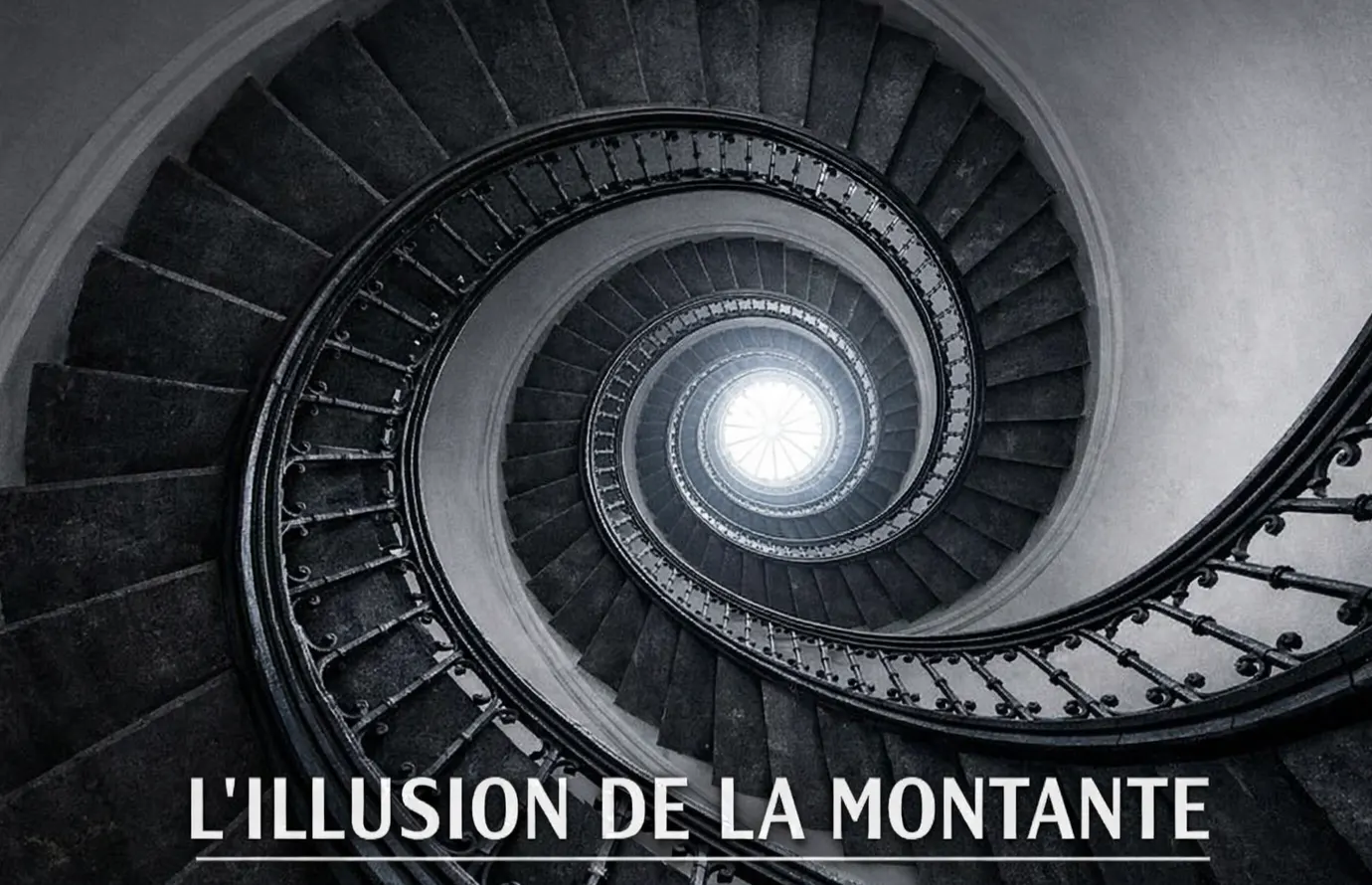 Escalier en spirale photographié d'en bas, perspective vertigineuse montrant la montée sans fin