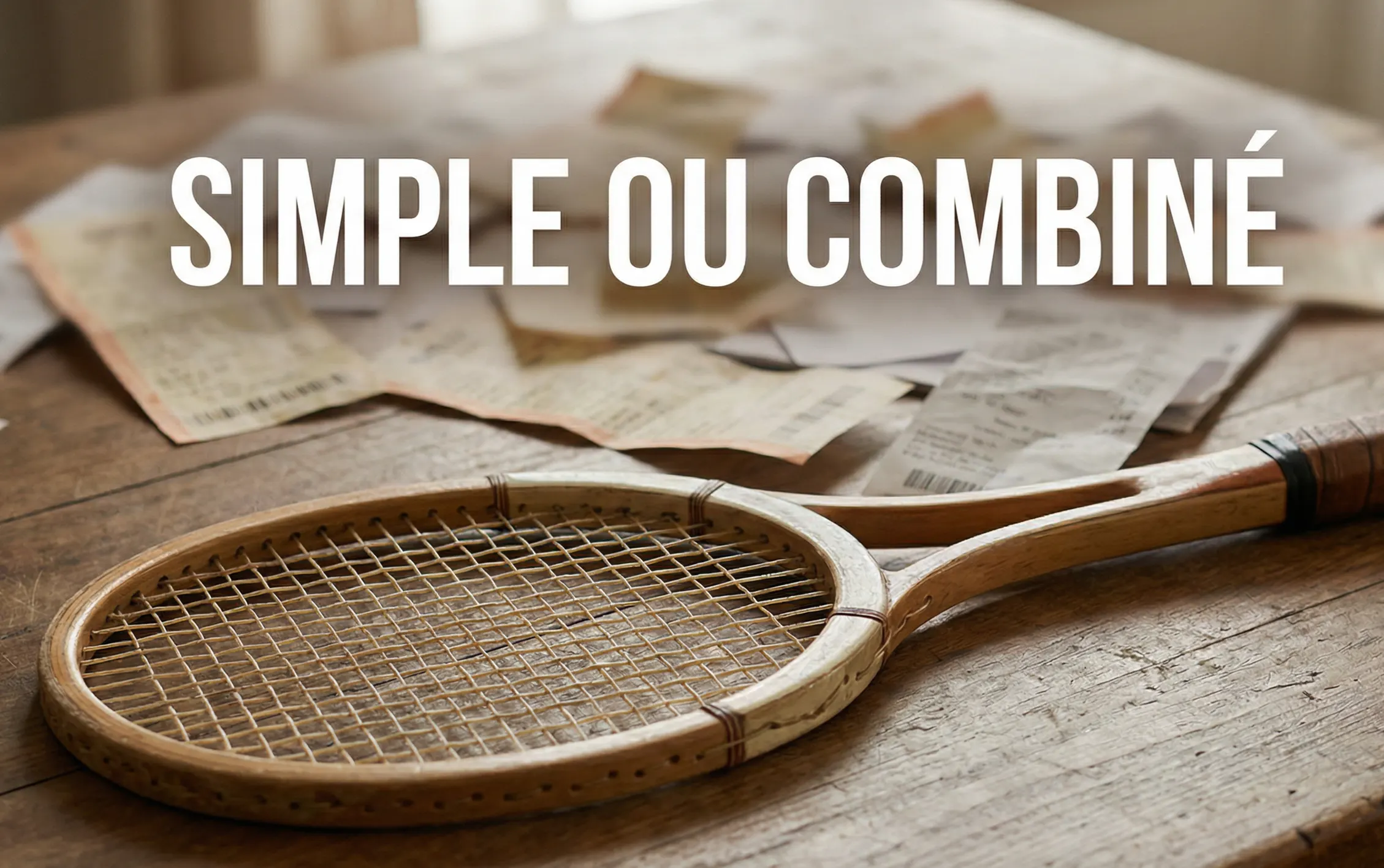 Main tenant un ticket de pari sportif unique à côté d'un ticket avec plusieurs sélections, posés sur une table en bois