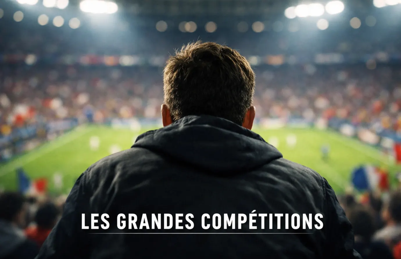 Stade de football rempli de spectateurs agitant des drapeaux, pelouse verte illuminée par les projecteurs