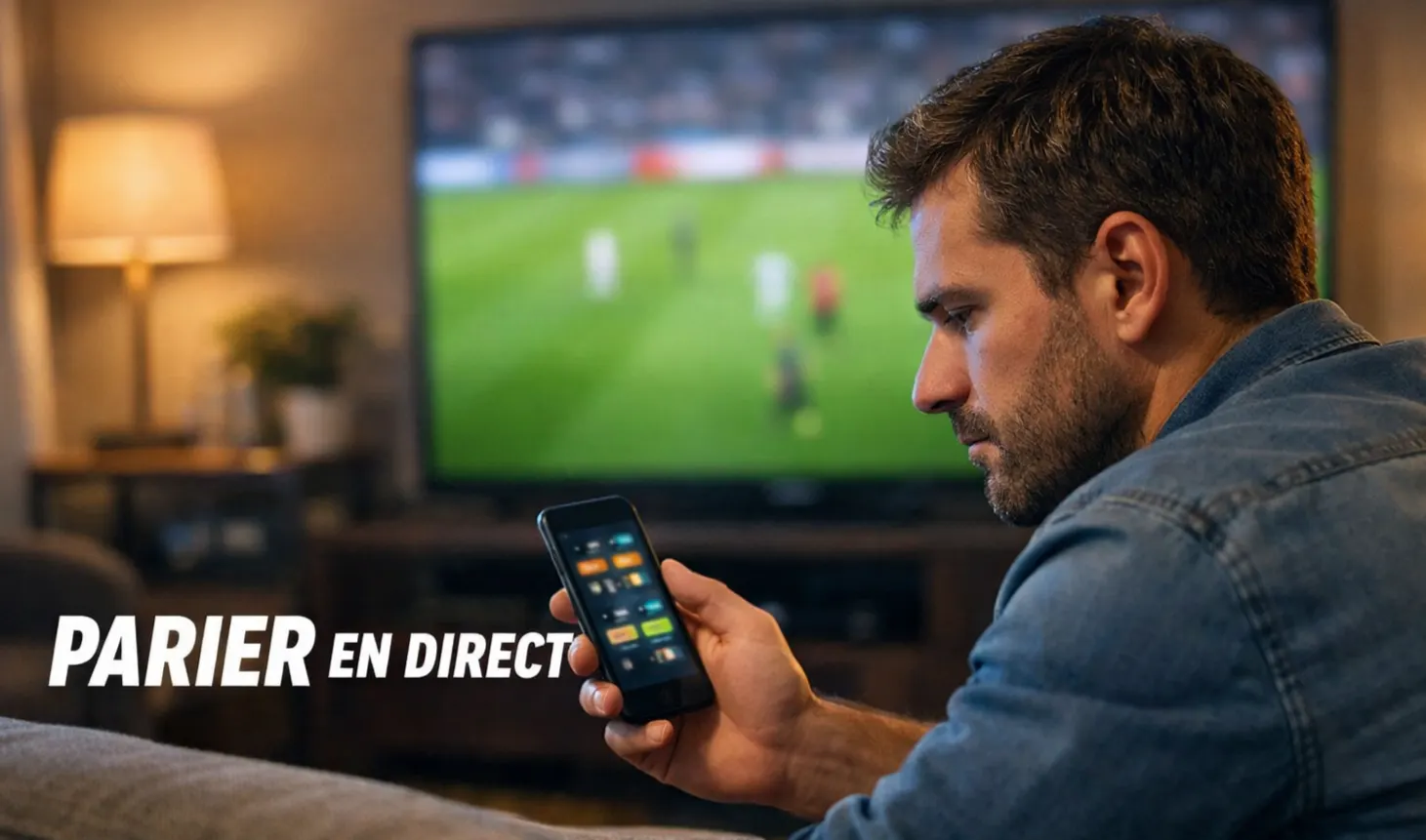 Supporter regardant un match de football en direct sur un grand écran dans un salon, téléphone en main