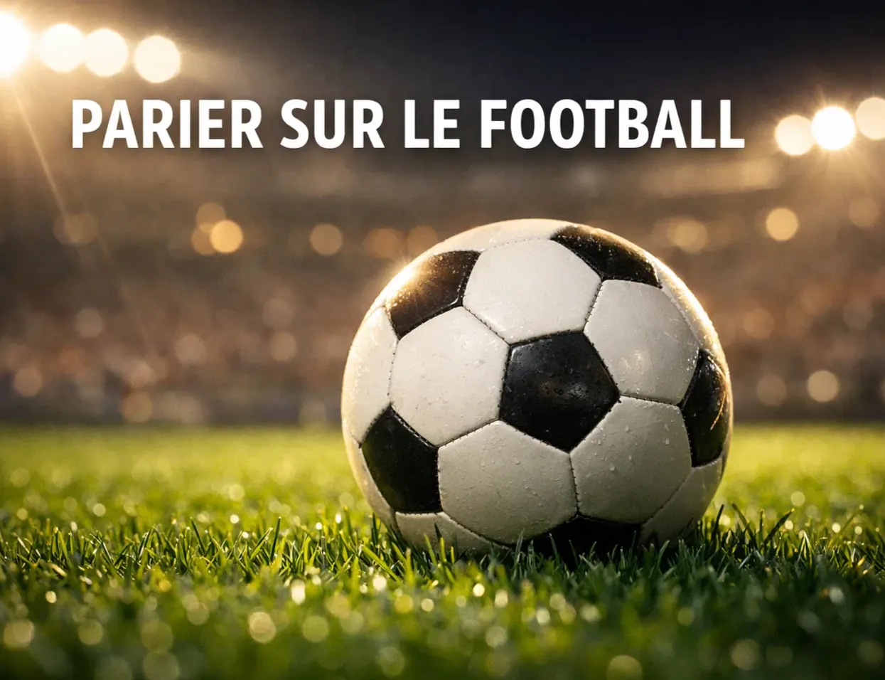Ballon de football posé sur la pelouse d'un stade éclairé par les projecteurs, vue rapprochée au niveau du sol