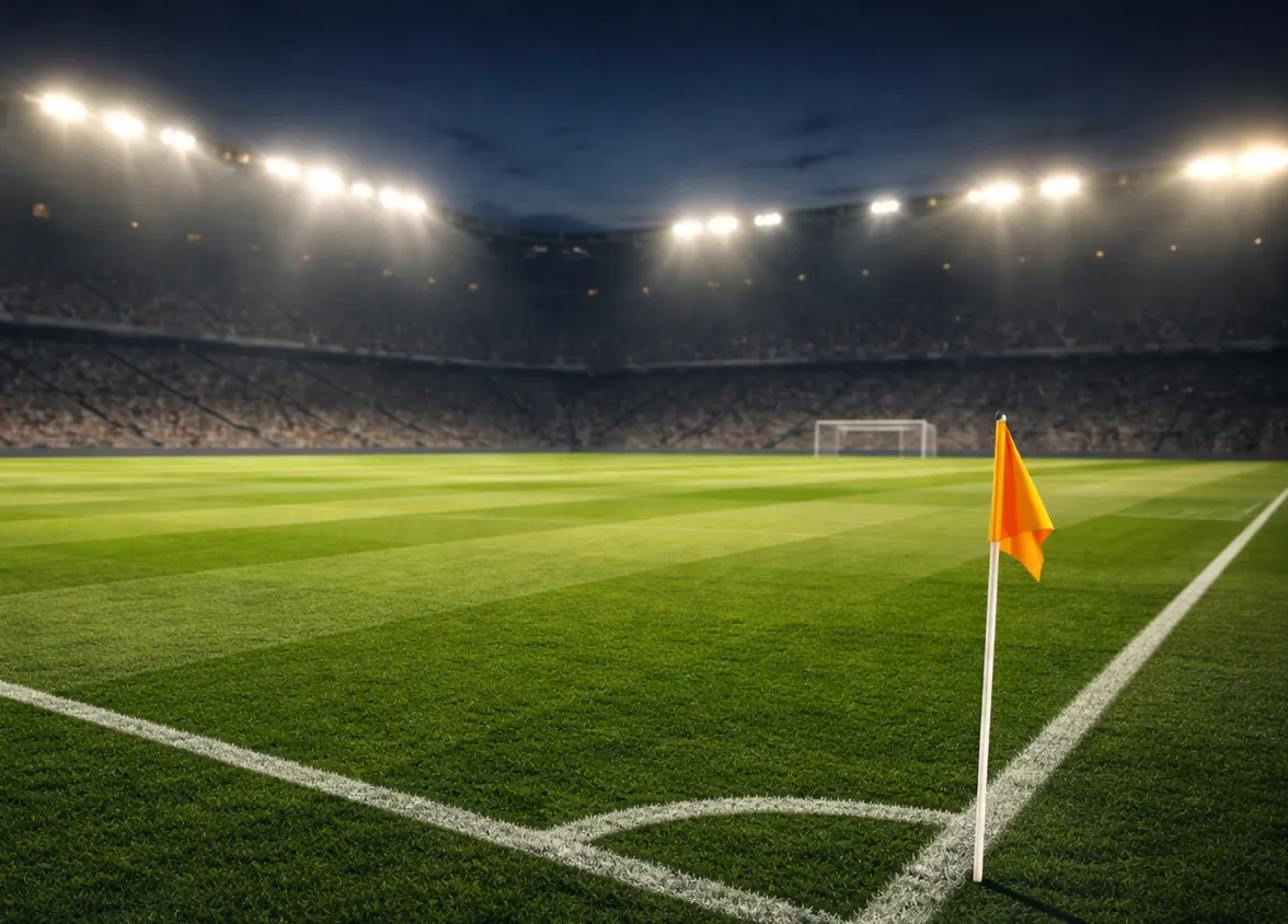 Terrain de football en pelouse naturelle vu depuis les tribunes d'un stade avec éclairage de soirée