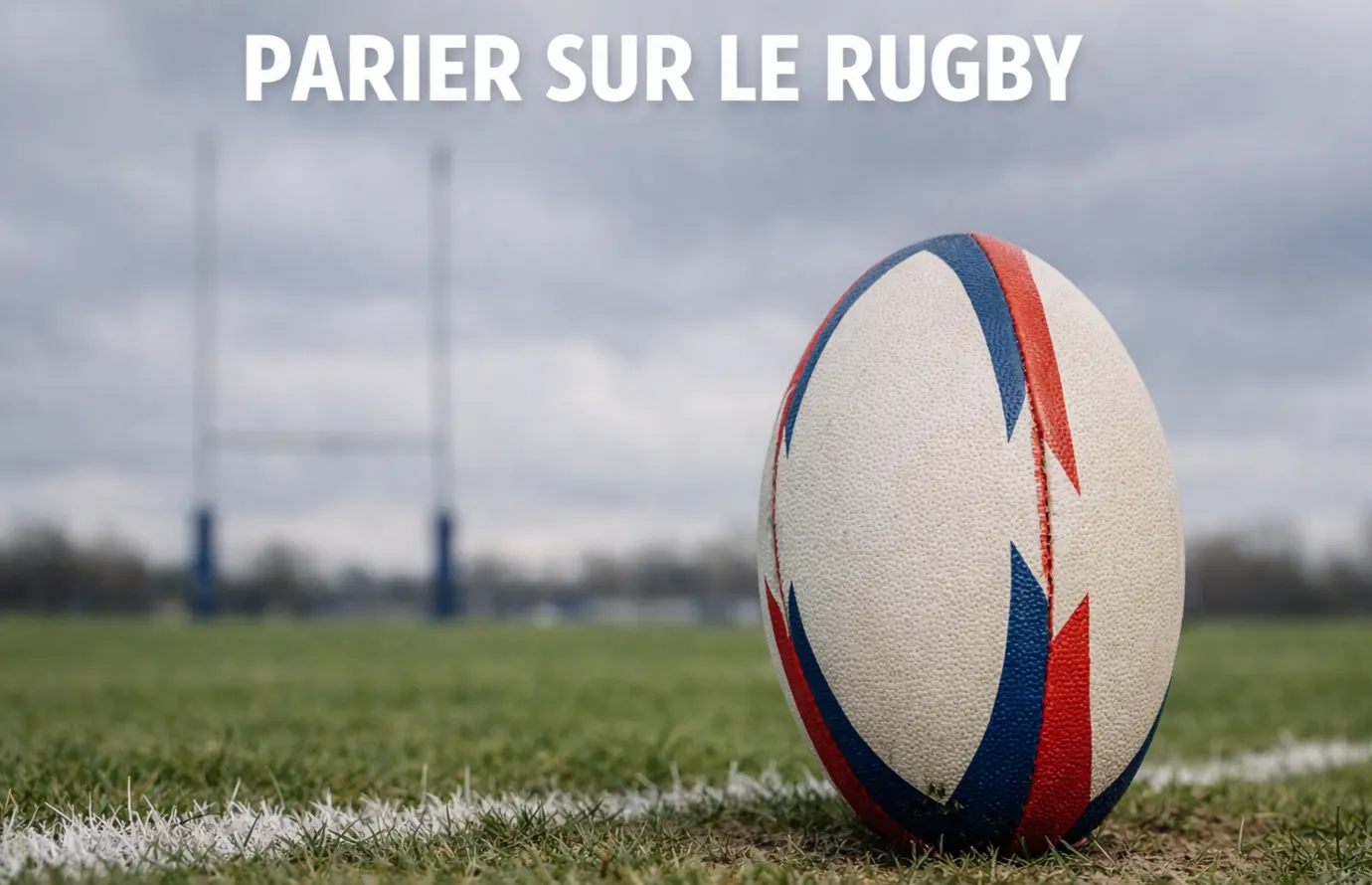 Ballon de rugby ovale posé sur la pelouse d'un terrain avec lignes blanches, poteaux en arrière-plan