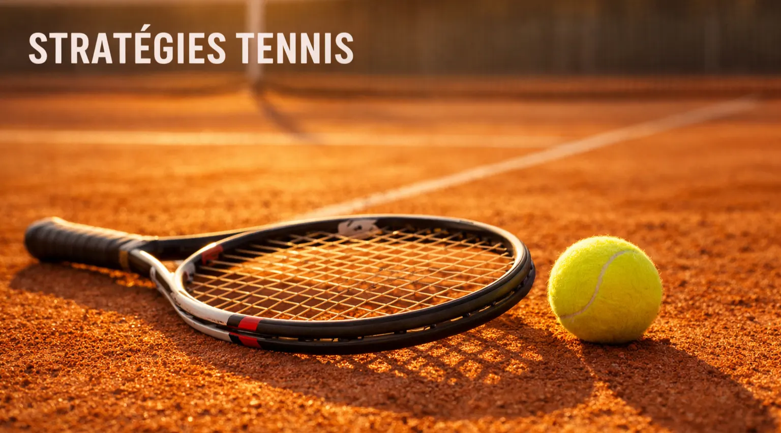 Raquette de tennis et balle jaune posées sur un court en terre battue ocre, lumière naturelle rasante