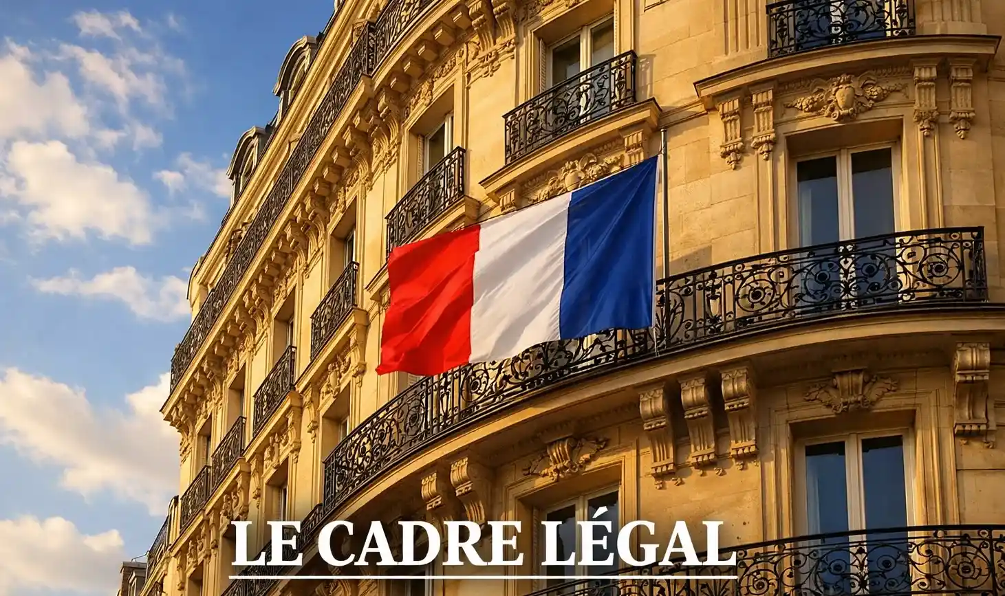 Façade d'un bâtiment officiel français avec drapeau tricolore, perspective de rue parisienne