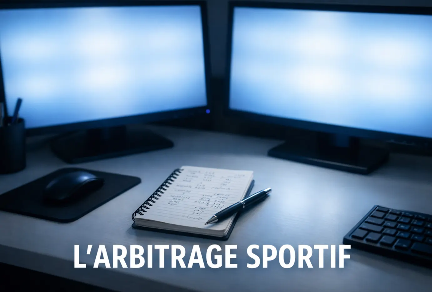 Deux écrans d'ordinateur côte à côte affichant des tableaux de chiffres, poste de travail organisé avec bloc-notes