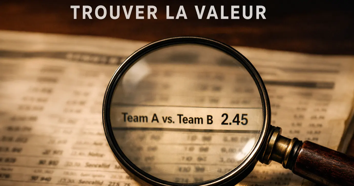 Loupe posée sur un journal de courses sportives avec des cotes imprimées, lumière chaude de lampe de bureau